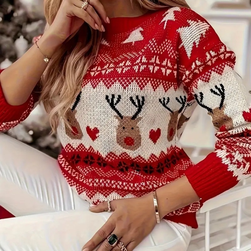Christmas Holiday Ugly Sweater Reindeer Sweater Knit Cardigan Red Winter Cold S